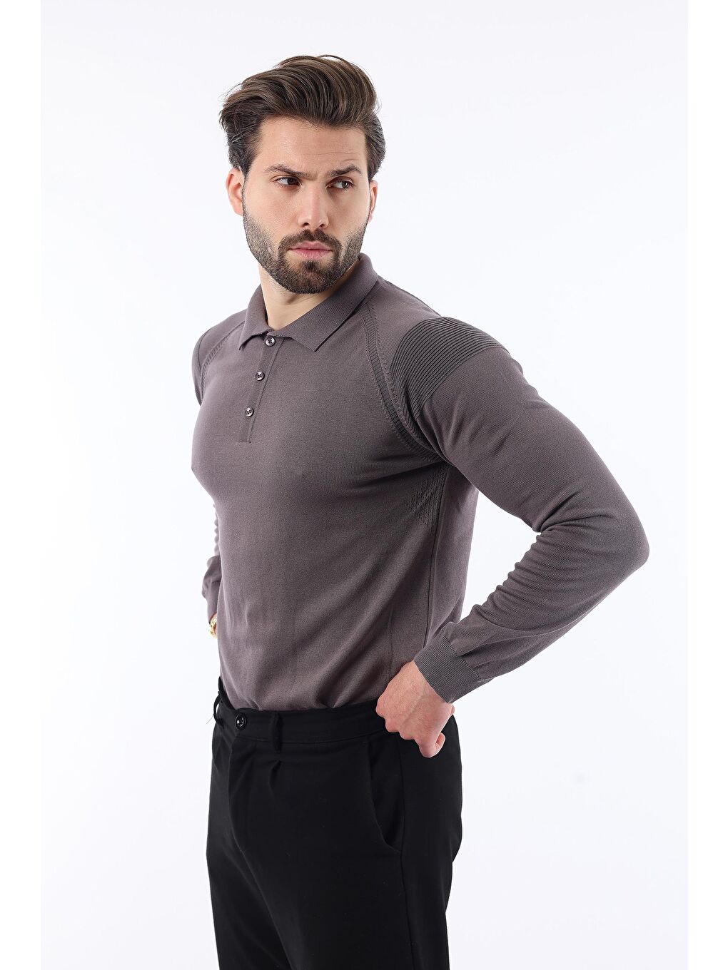 Koyu Gri Polo Yaka Dokulu Uzun Kollu Kazak E7264-1