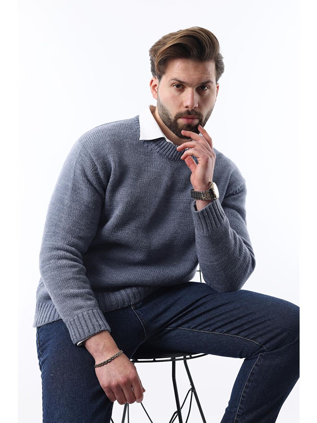 İndigo Bisiklet Yaka Overfit Erkek Triko Kazak E7402-2