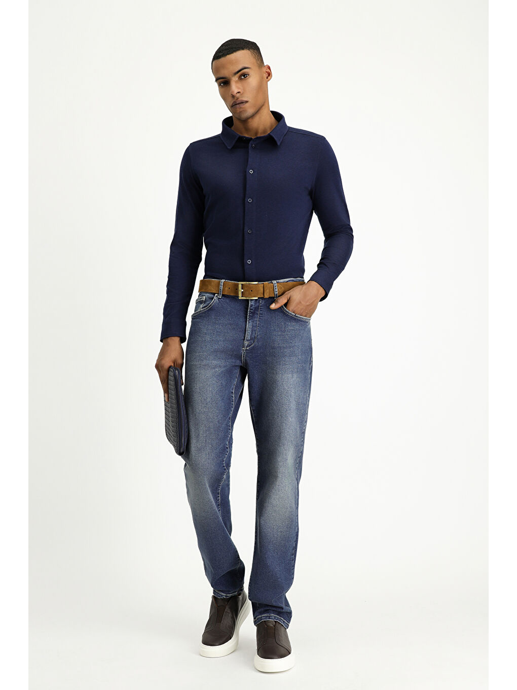 Lacivert Uzun Kol Regular Fit Çizgili Örme Pamuk Gömlek-1