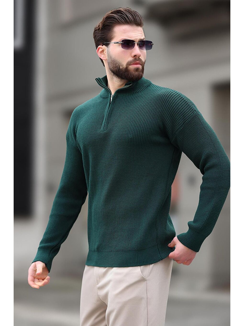 Petrol Yeşili Fermuar Yaka Triko Erkek Kazak E7295-2