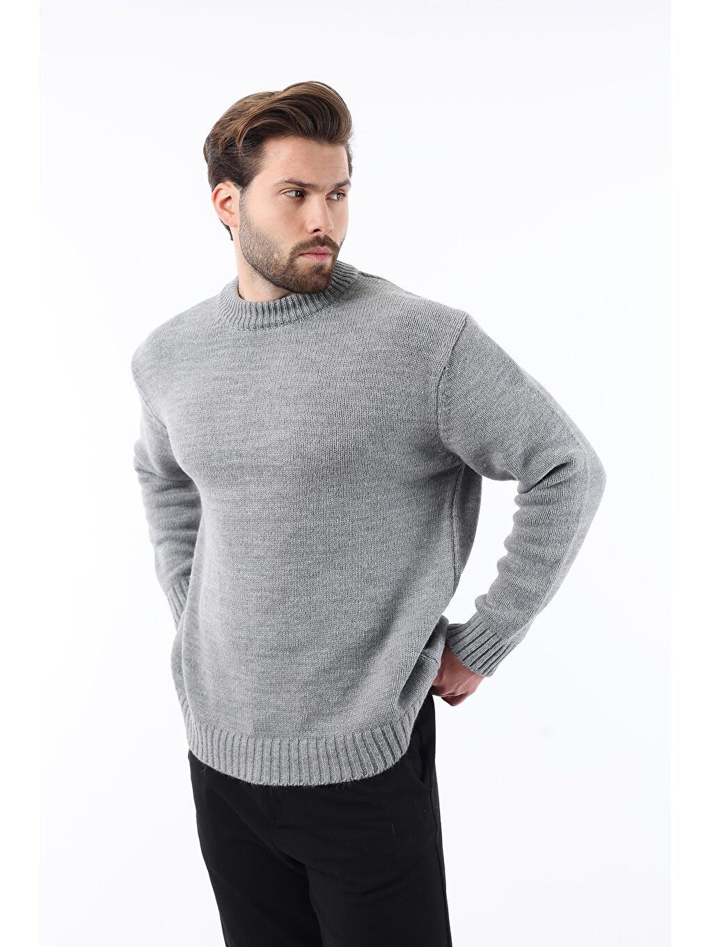 Gri Bisiklet Yaka Overfit Erkek Triko Kazak E7402-4