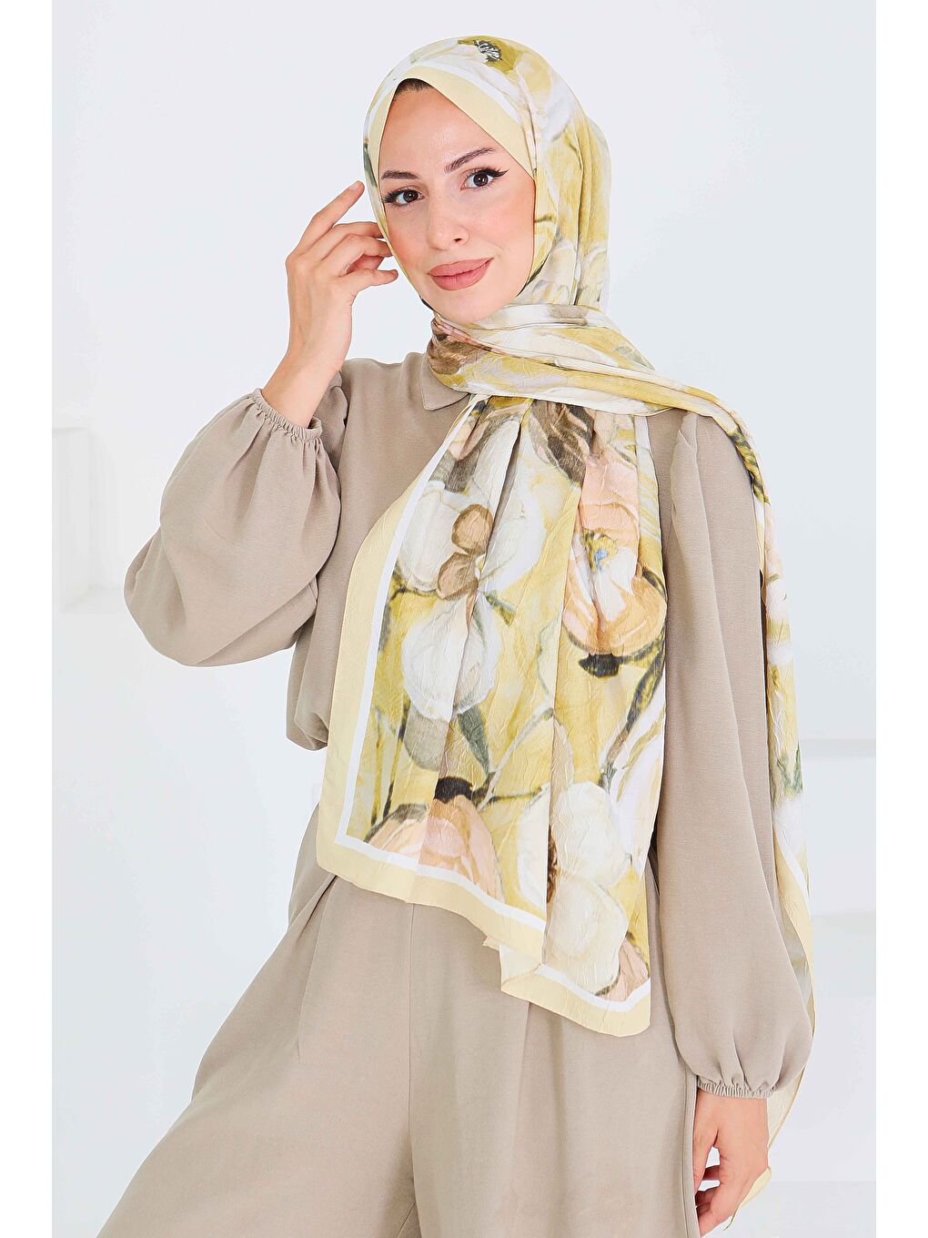 Desenli Bambu Kare Şal Yağ Yeşili - 27523-1