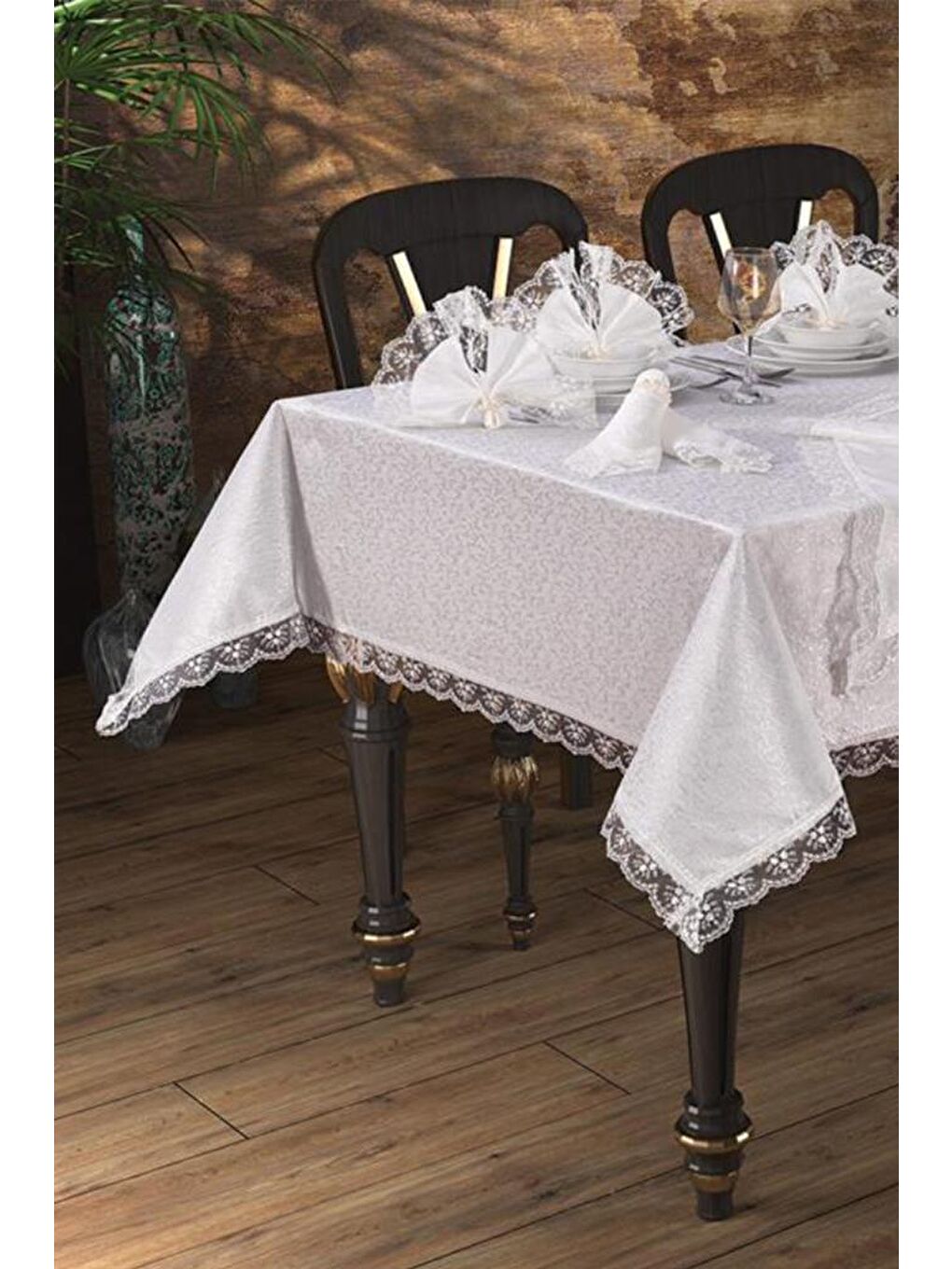 Ekru Güpürlü Kdk Masa Örtüsü Takımı 18 parça Krem-2