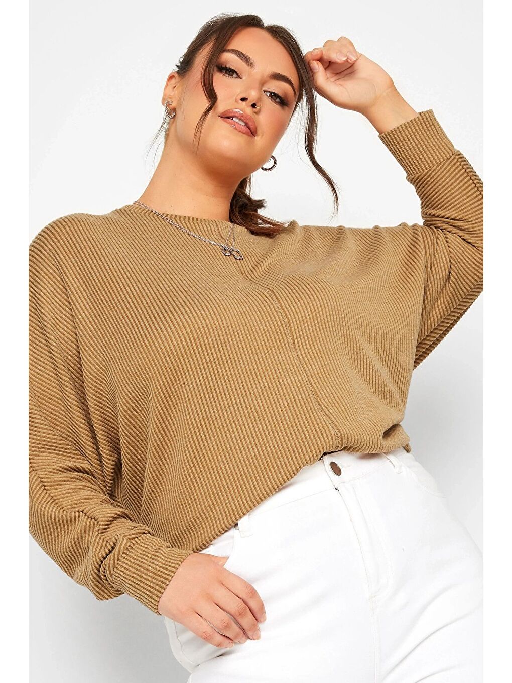 Kahverengi Büyük Beden Bisiklet Yaka Uzun Kollu Yumuşak Dokulu Bluz 301417-1