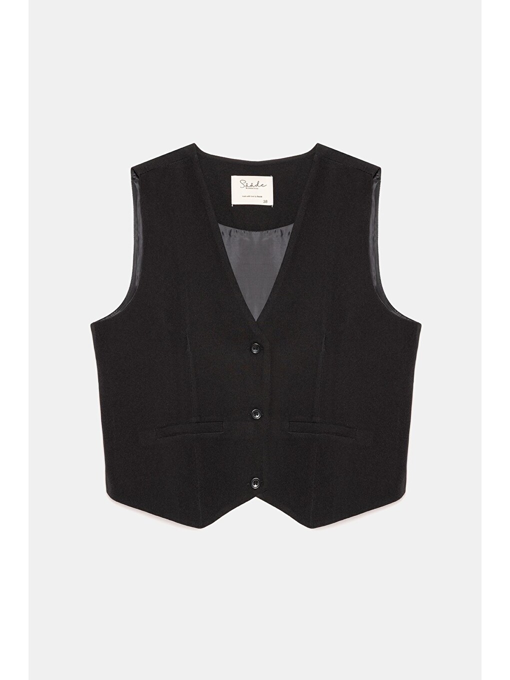 Siyah Kadın V Yaka Düğmeli Klasik Dokuma Blazer Yelek