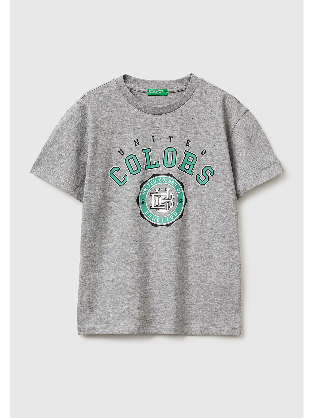 Erkek Çocuk Gri melanj Önü Logo Baskılı Bisiklet Yaka T-Shirt