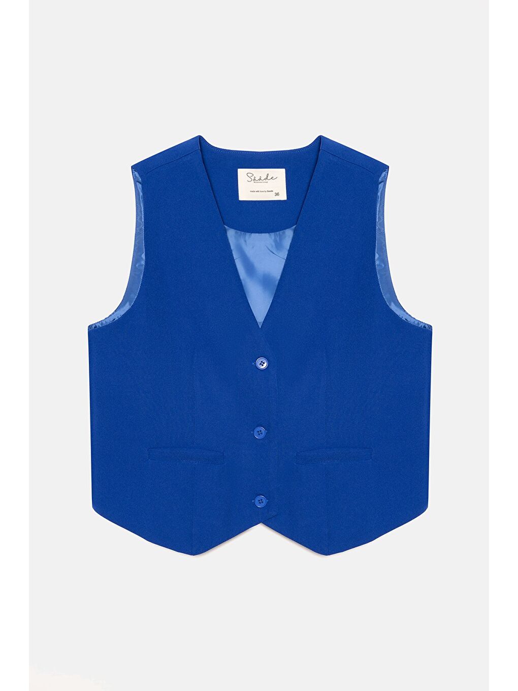 Saks Mavi Kadın V Yaka Düğmeli Klasik Dokuma Blazer Yelek