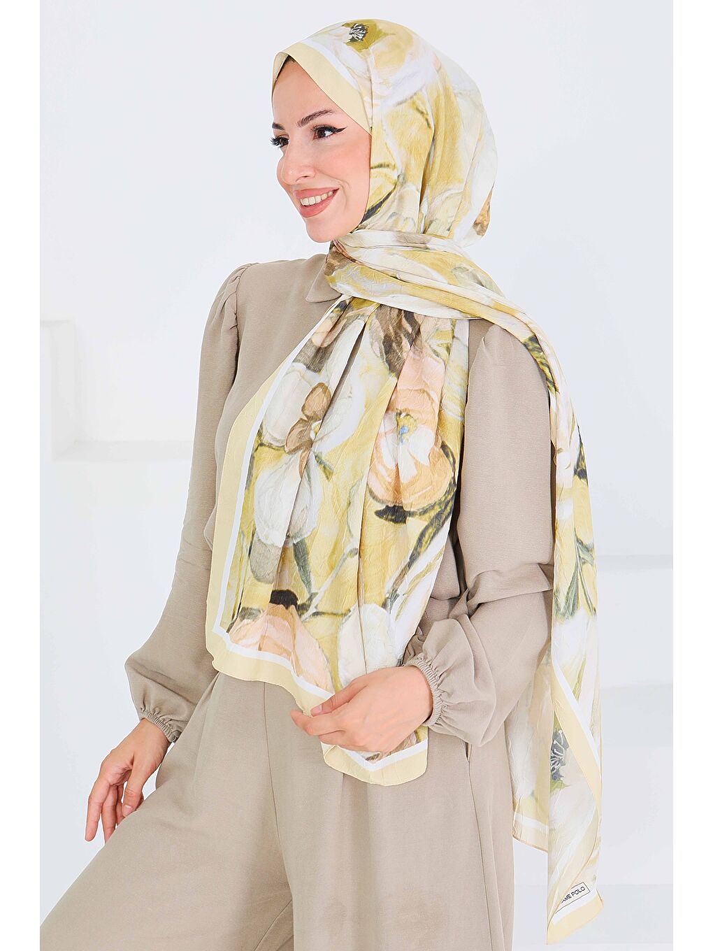 Desenli Bambu Kare Şal Yağ Yeşili - 27523-2