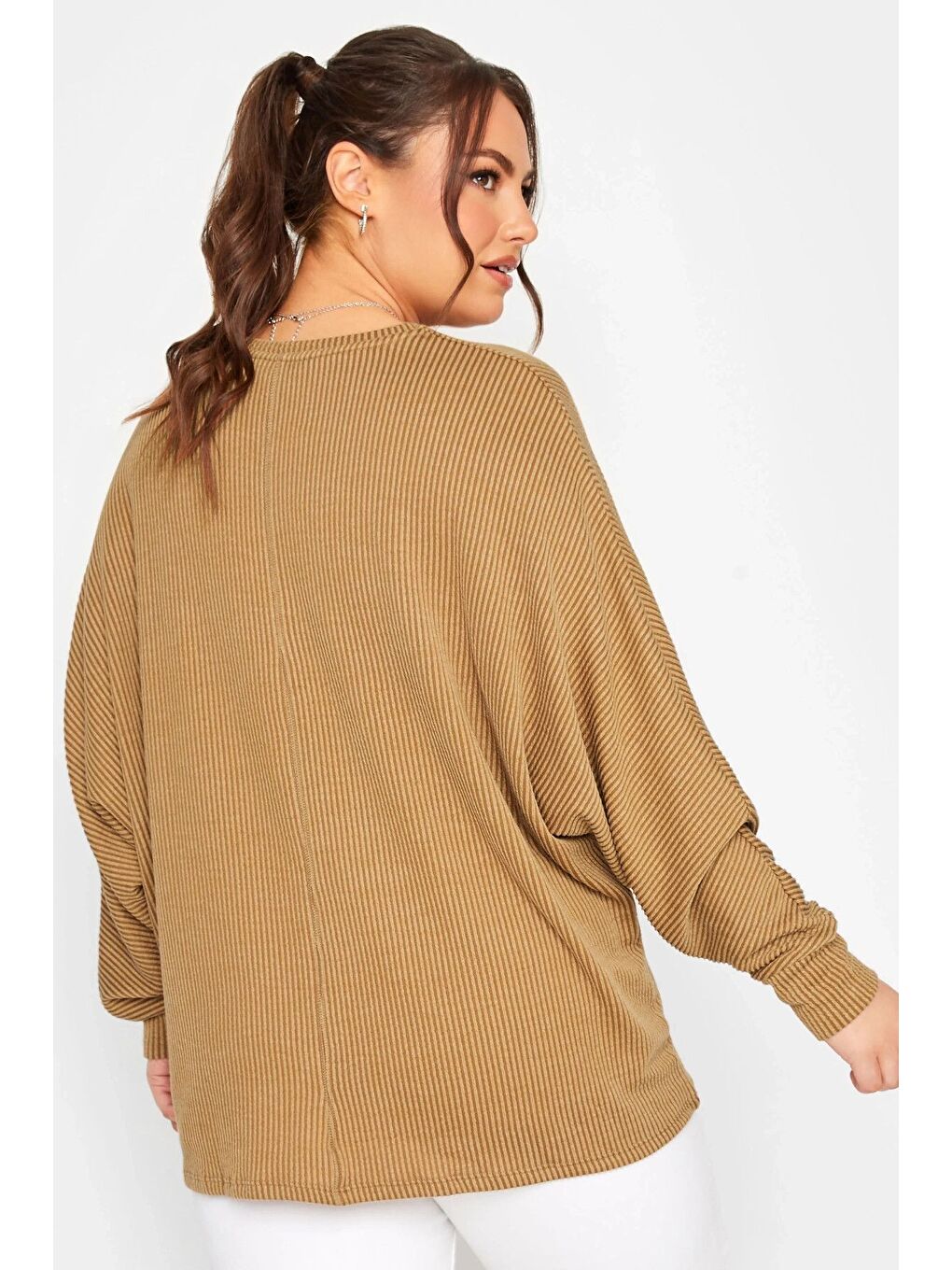 Kahverengi Büyük Beden Bisiklet Yaka Uzun Kollu Yumuşak Dokulu Bluz 301417-4