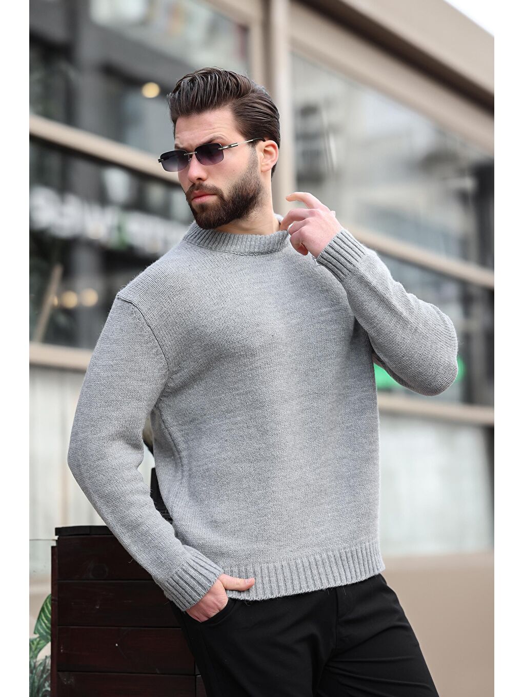 Gri Bisiklet Yaka Overfit Erkek Triko Kazak E7402-5