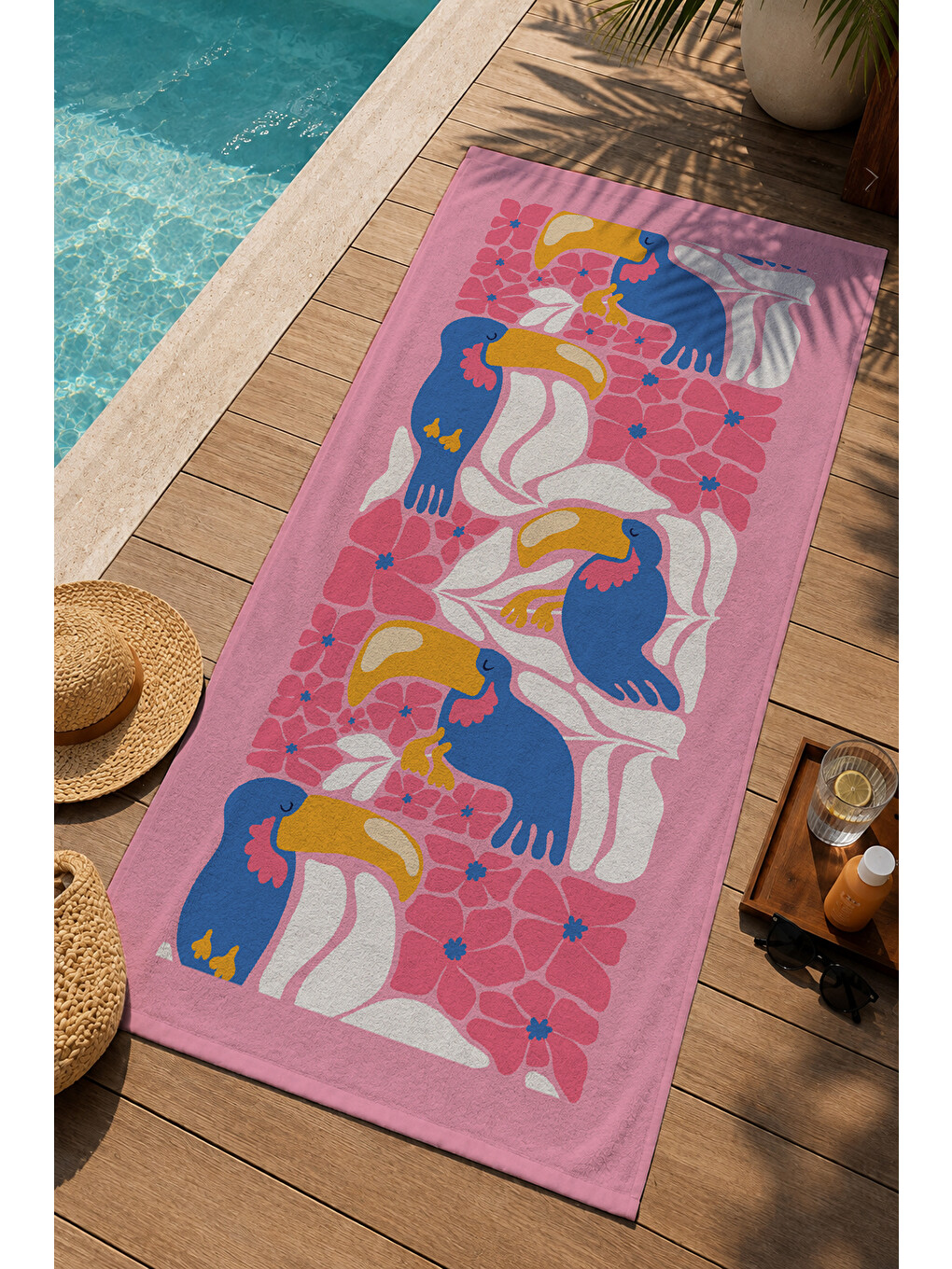 Pembe Zemin Renkli Desenli 70x150 Cm Dijital Baskılı Plaj Ve Banyo Havlusu-2