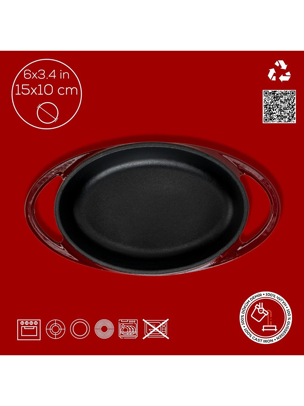Bordo Oval Sahan Döküm Demir Yekpare Çift Kulplu Ölçü 15x10cm.-3
