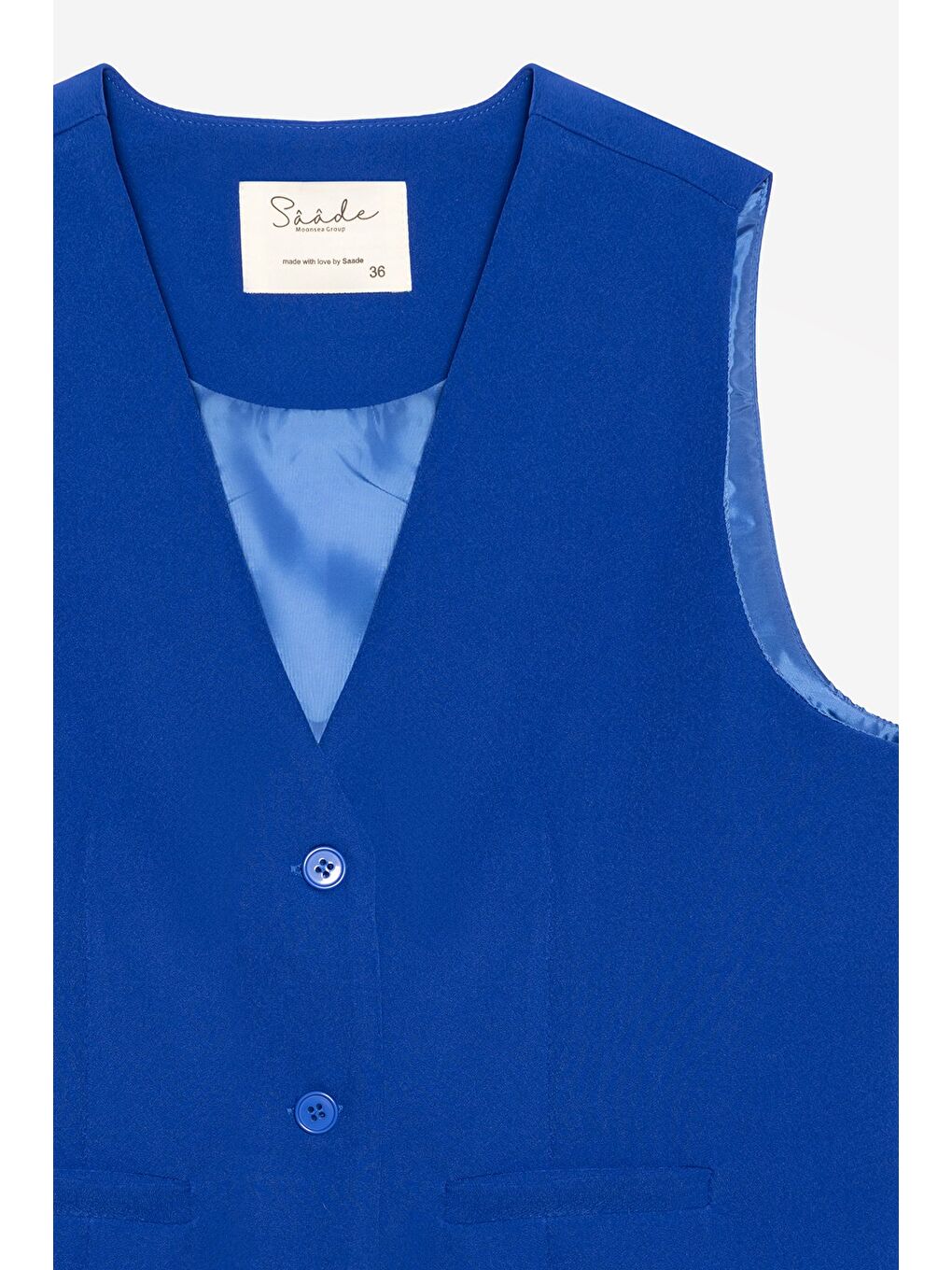 Saks Mavi Kadın V Yaka Düğmeli Klasik Dokuma Blazer Yelek-1
