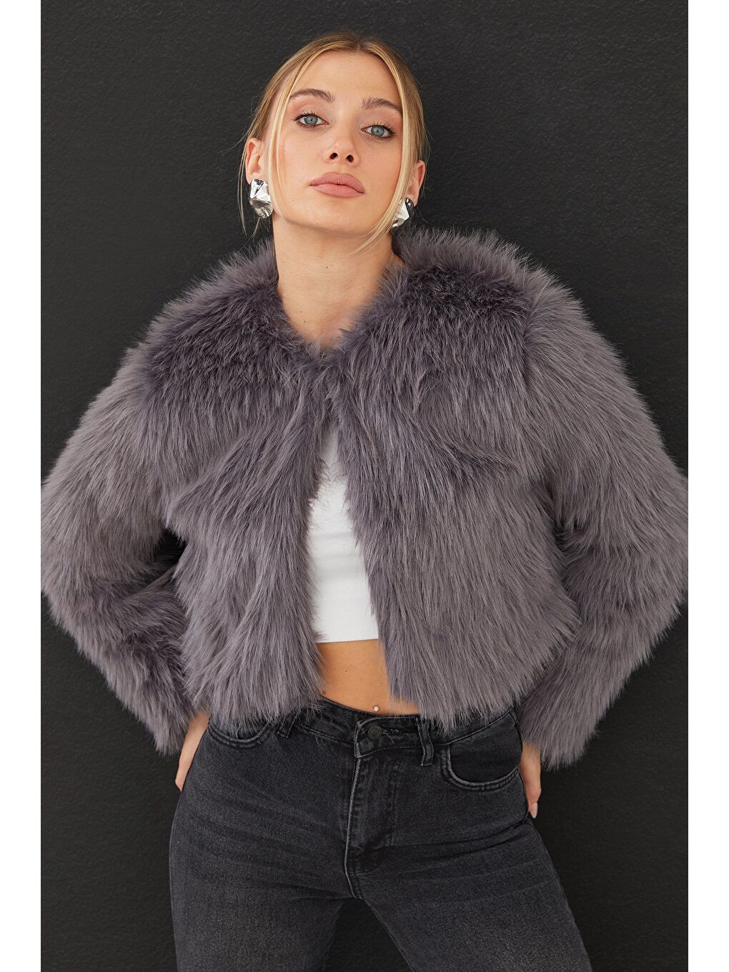 Antrasit Kısa Kürk Kaban-1