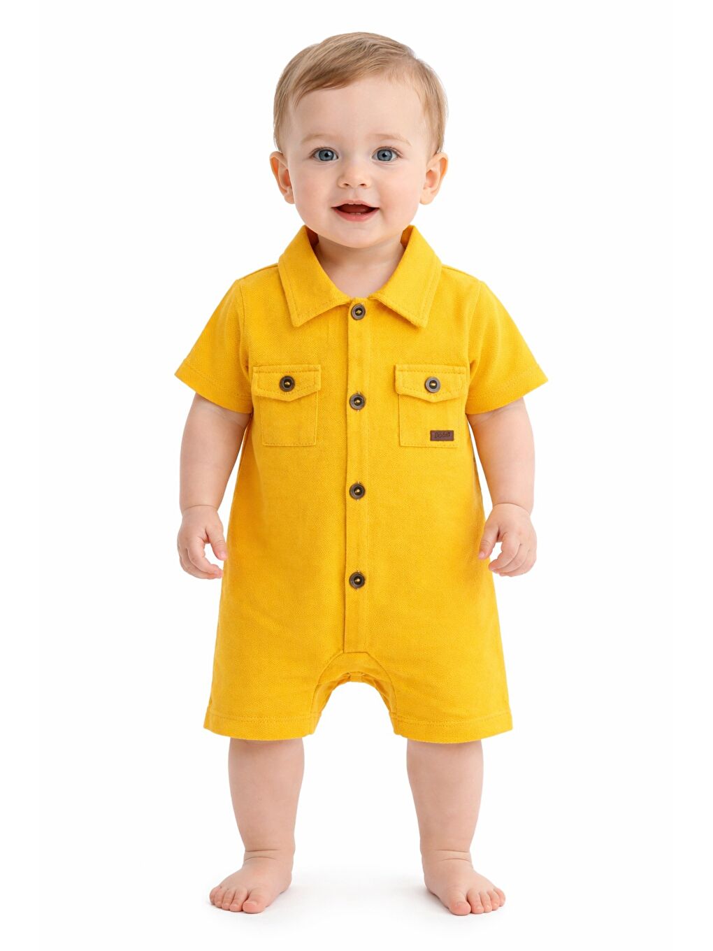 Sarı Erkek Bebek Düğmeli Yakalı Tulum %100 Pamuk Bebek Tulum