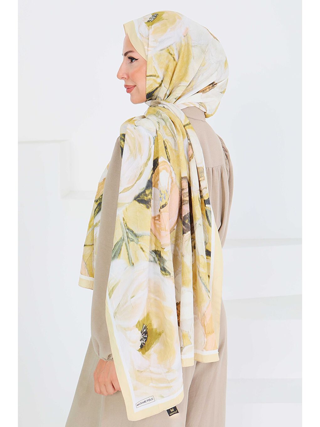 Desenli Bambu Kare Şal Yağ Yeşili - 27523-3