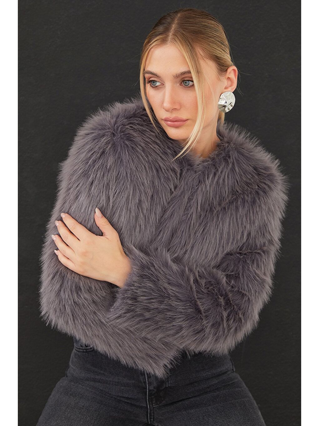 Antrasit Kısa Kürk Kaban-2