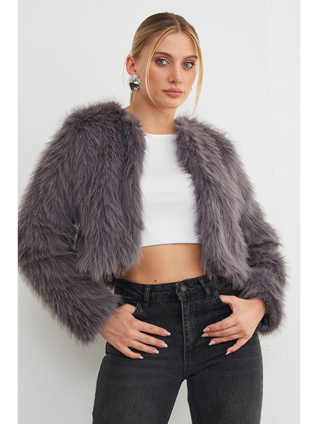 Antrasit Kısa Kürk Kaban-3