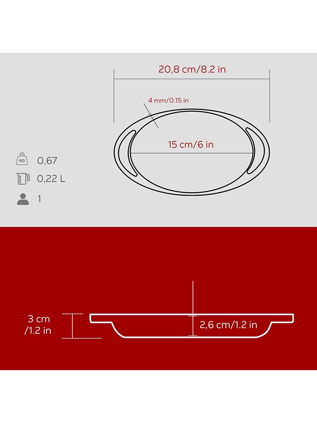 Bordo Oval Sahan Döküm Demir Yekpare Çift Kulplu Ölçü 15x10cm.-4