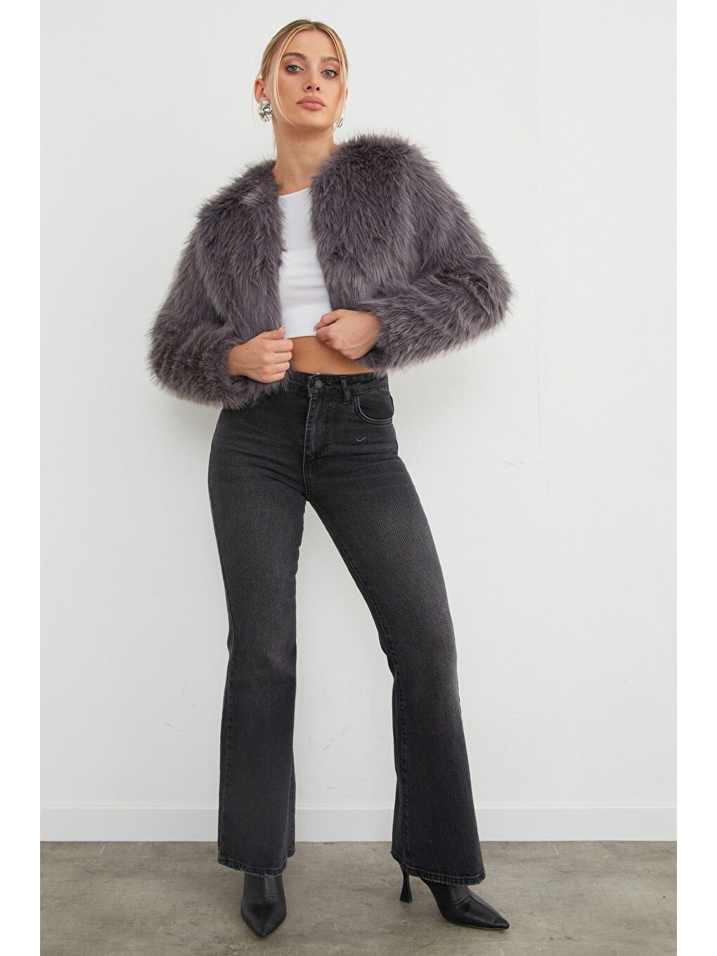 Antrasit Kısa Kürk Kaban-4