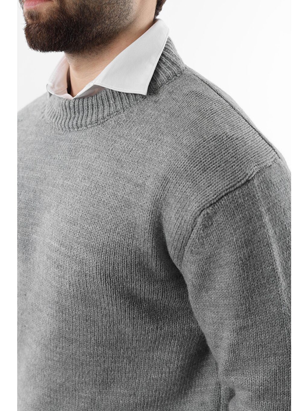 Gri Bisiklet Yaka Overfit Erkek Triko Kazak E7402-6