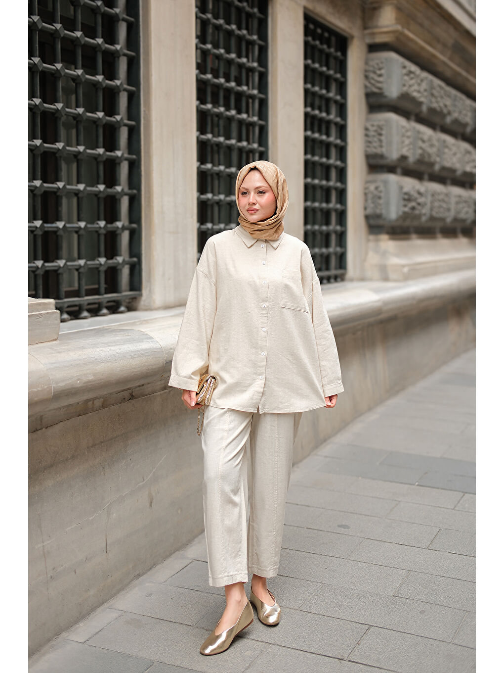 Bej Kadın Kaesta Keten Takım Taş-1