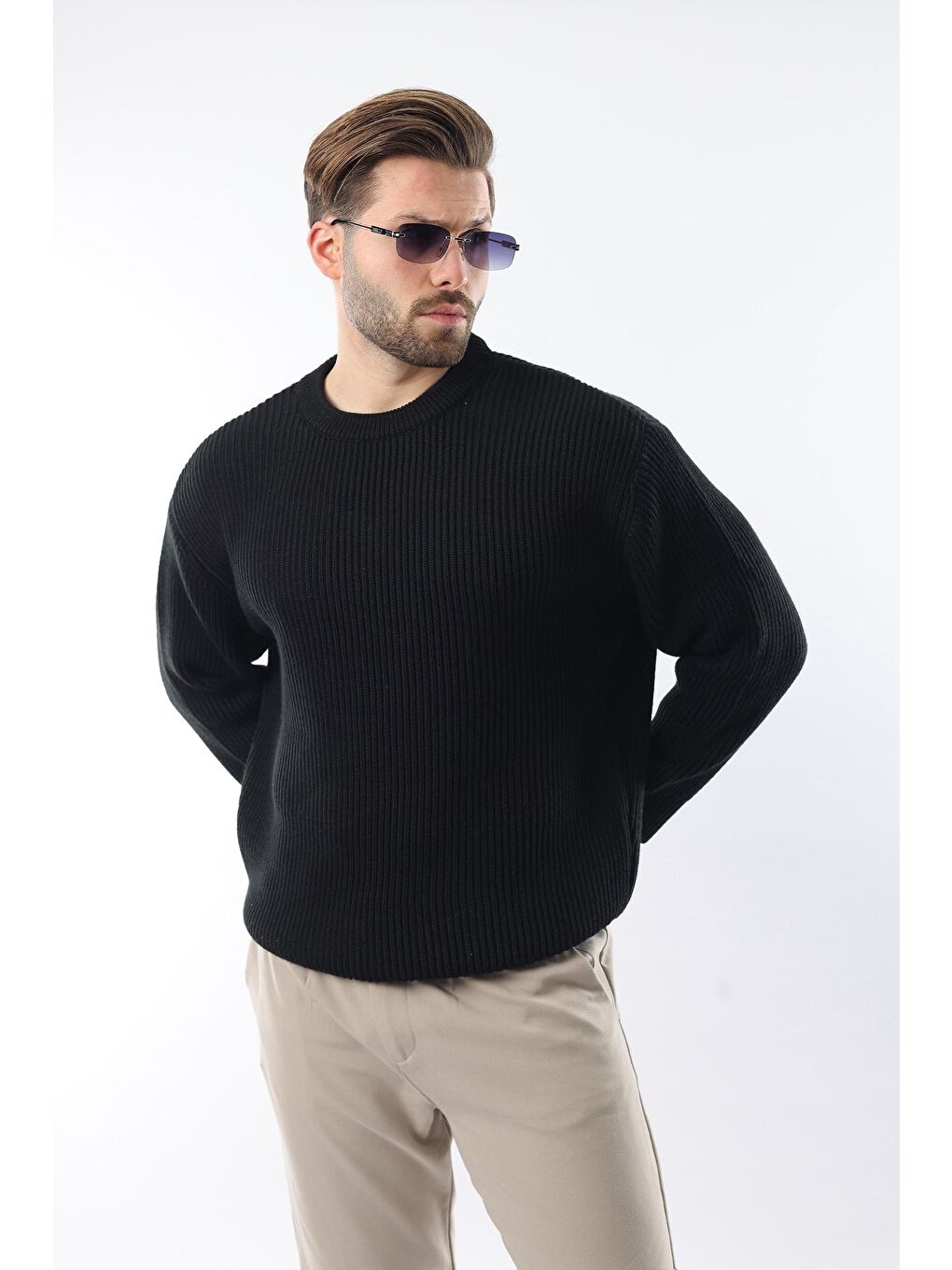 Siyah Bisiklet Yaka Triko Erkek Kazak E7410-2