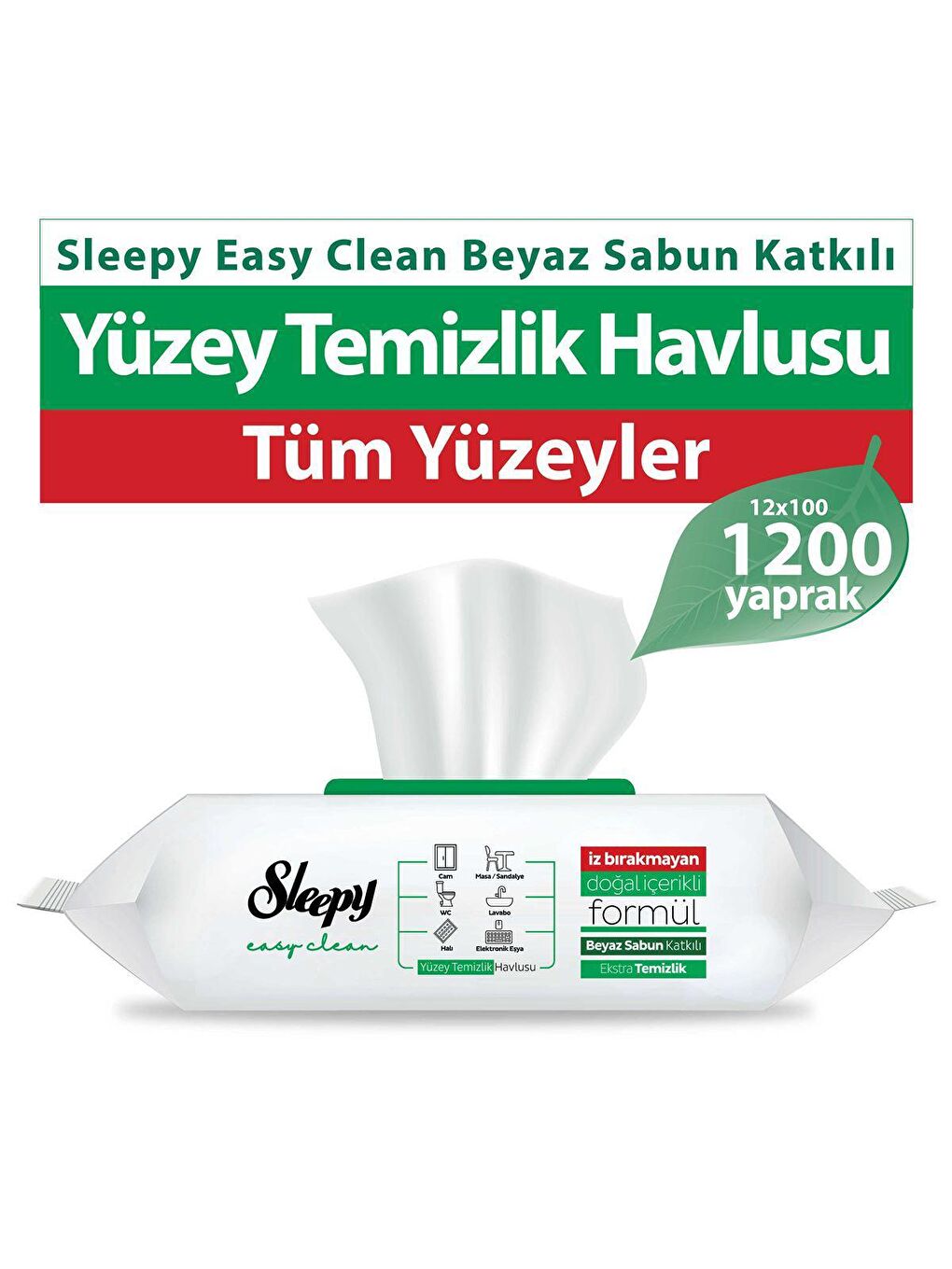 Sleepy Beyaz 12'li Paket Easy Clean Beyaz Sabun Katkılı Yüzey Temizlik Havlusu 12x100 (1200 Yaprak)