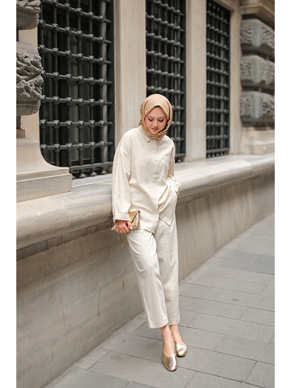 Bej Kadın Kaesta Keten Takım Taş-2