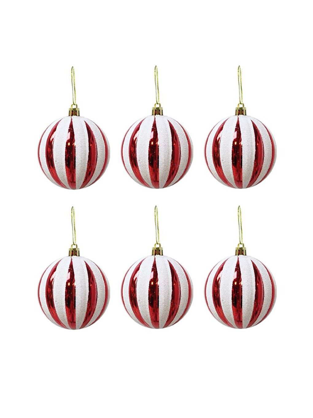Yılbaşı Topu Dilim Desenli Dekoratif Çam Ağacı Süsü Kırmızı Beyaz 6 cm 6'lı Set-1