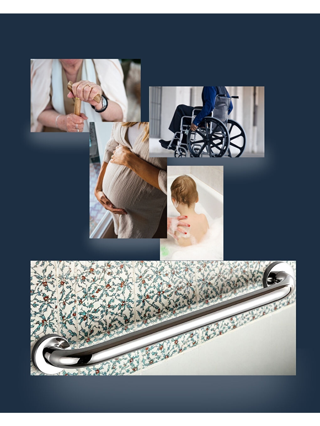 Gri ​​​​​​​Duşakabin İçi Yaşlı ve Bedensel Engelli Tutunma Aparatı | 9x30 cm Krom Metal Tutma Barı | Güv-4