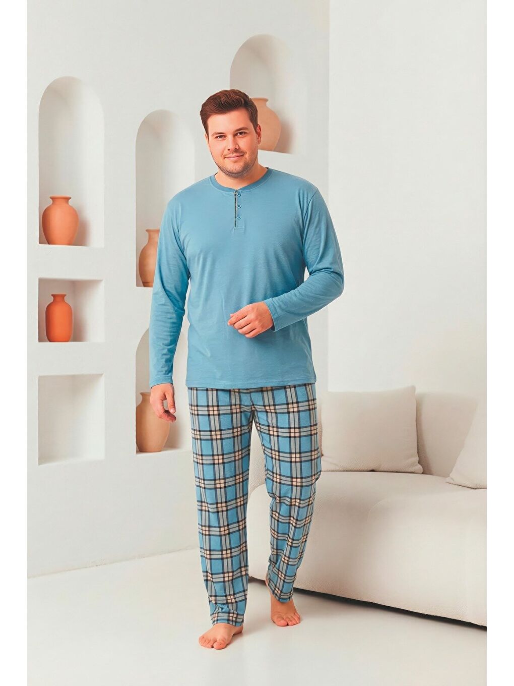 Mavi Erkek %100 Doğal Pamuk Ekoseli Uzun Kollu Düğmeli Yüksek Kaliteli Battal Pijama Takımı-1