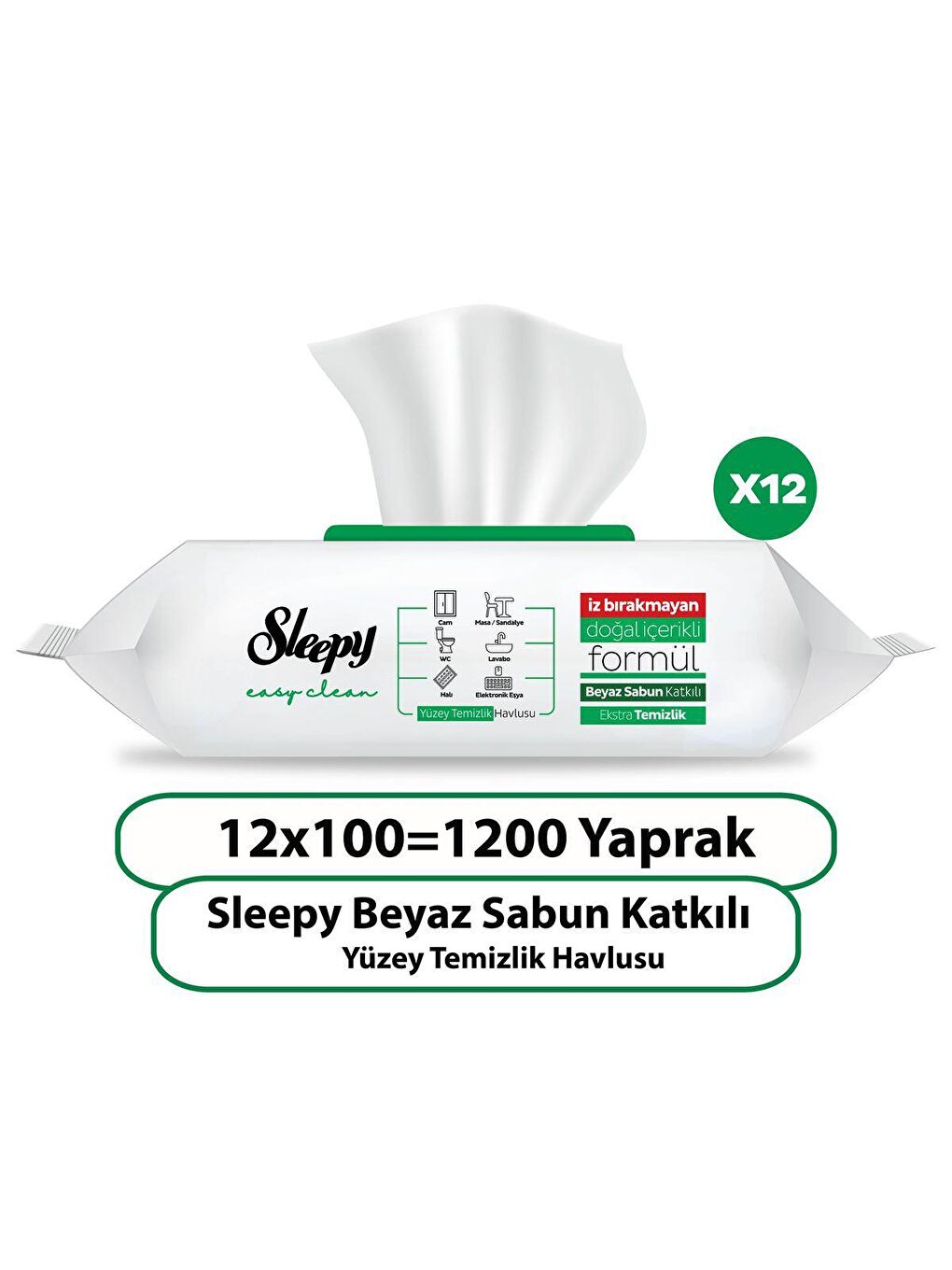 Sleepy Beyaz 12'li Paket Easy Clean Beyaz Sabun Katkılı Yüzey Temizlik Havlusu 12x100 (1200 Yaprak) - 1