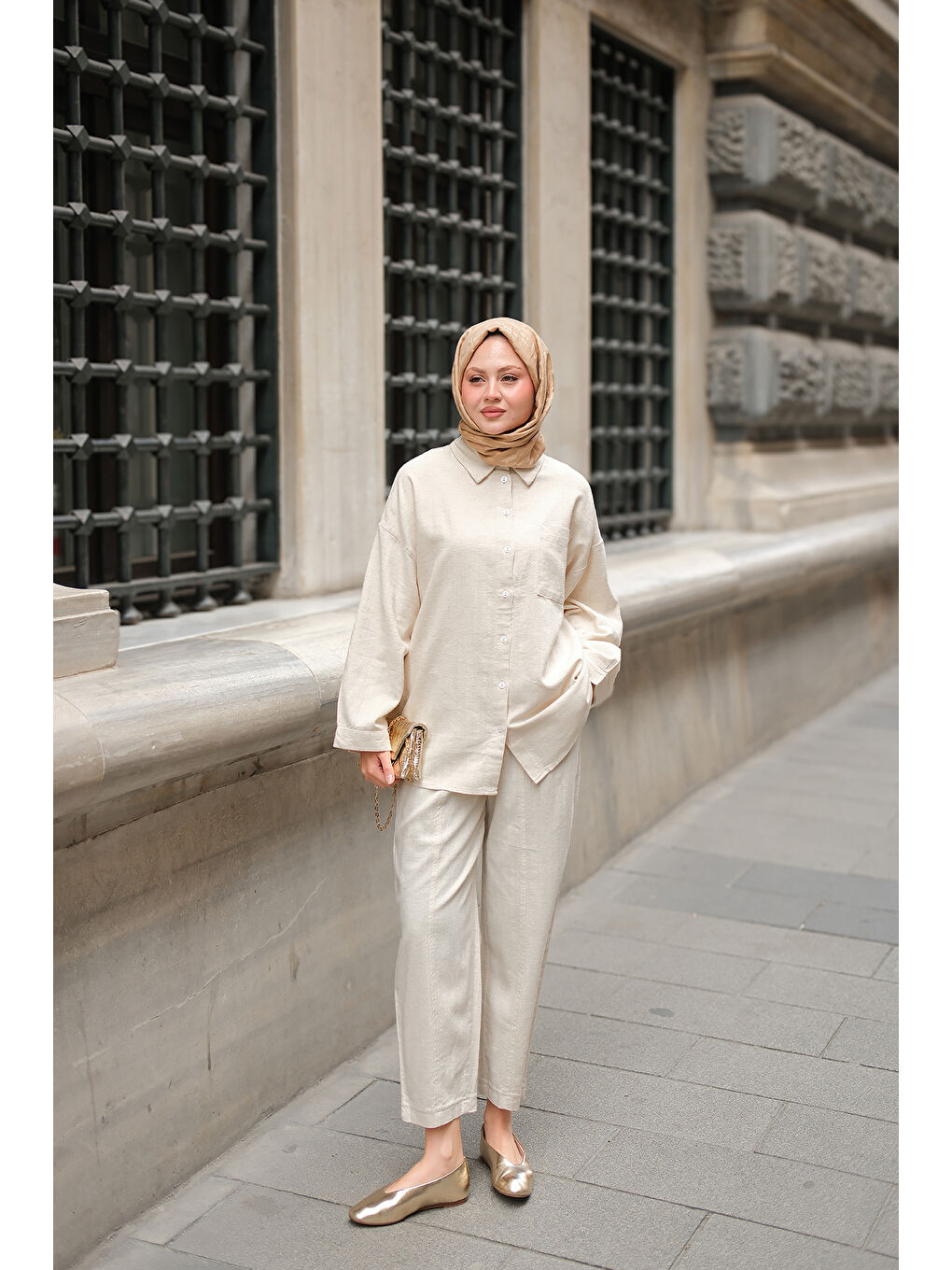 Bej Kadın Kaesta Keten Takım Taş-4