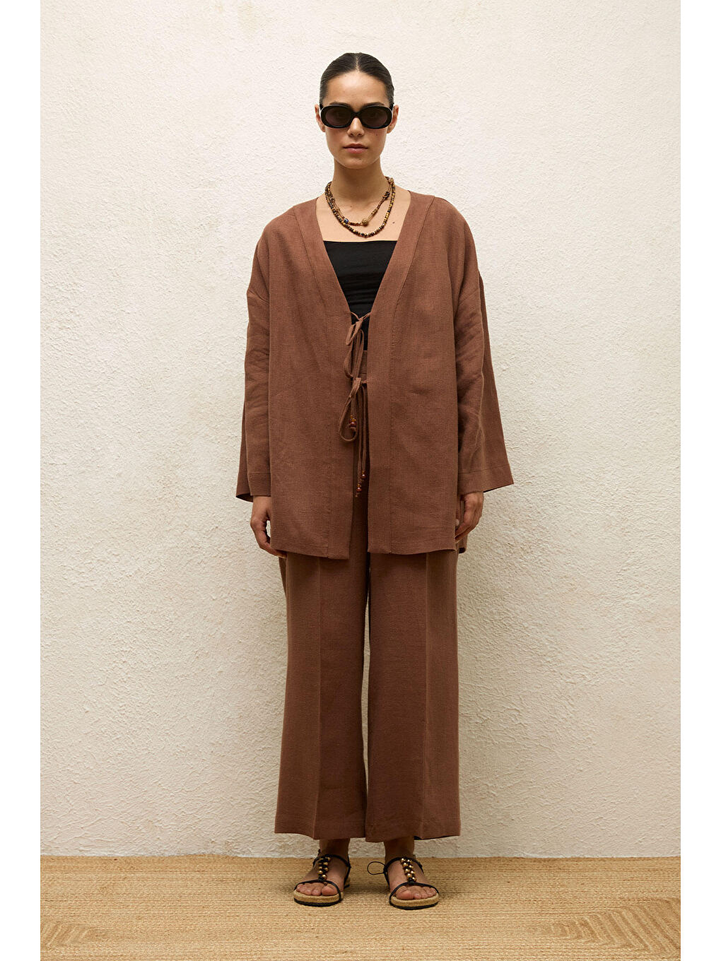 Kahverengi ÜTÜ İZLİ KETEN PANTOLON KAHVERENGİ-1