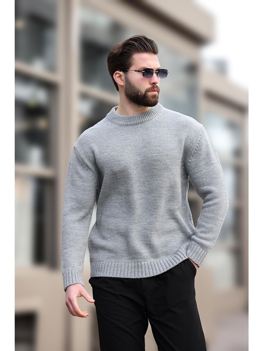 Gri Bisiklet Yaka Overfit Erkek Triko Kazak E7402-7