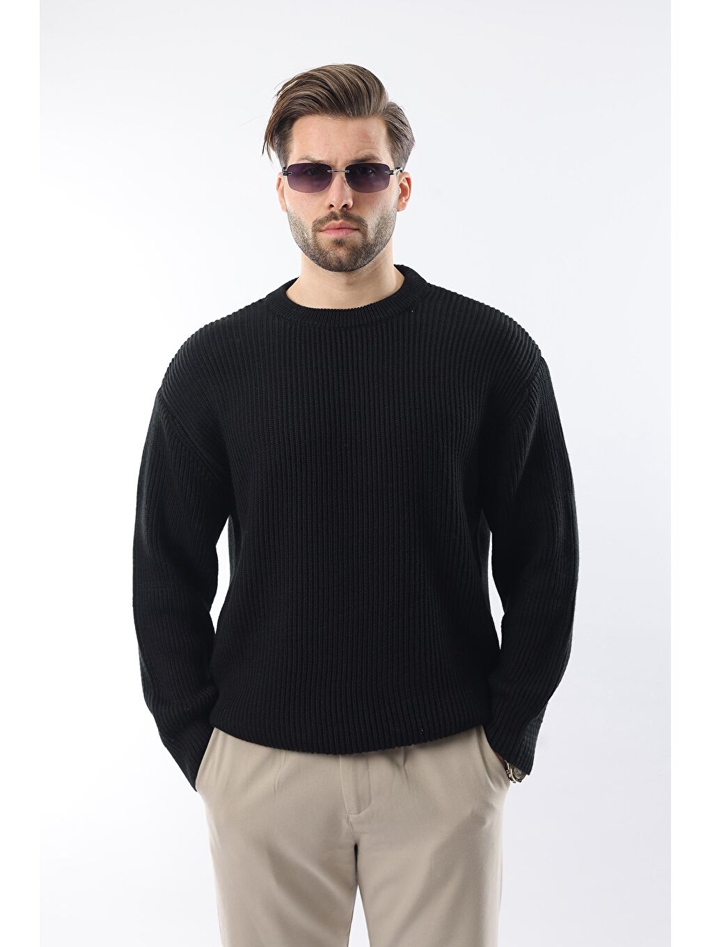 Siyah Bisiklet Yaka Triko Erkek Kazak E7410-4