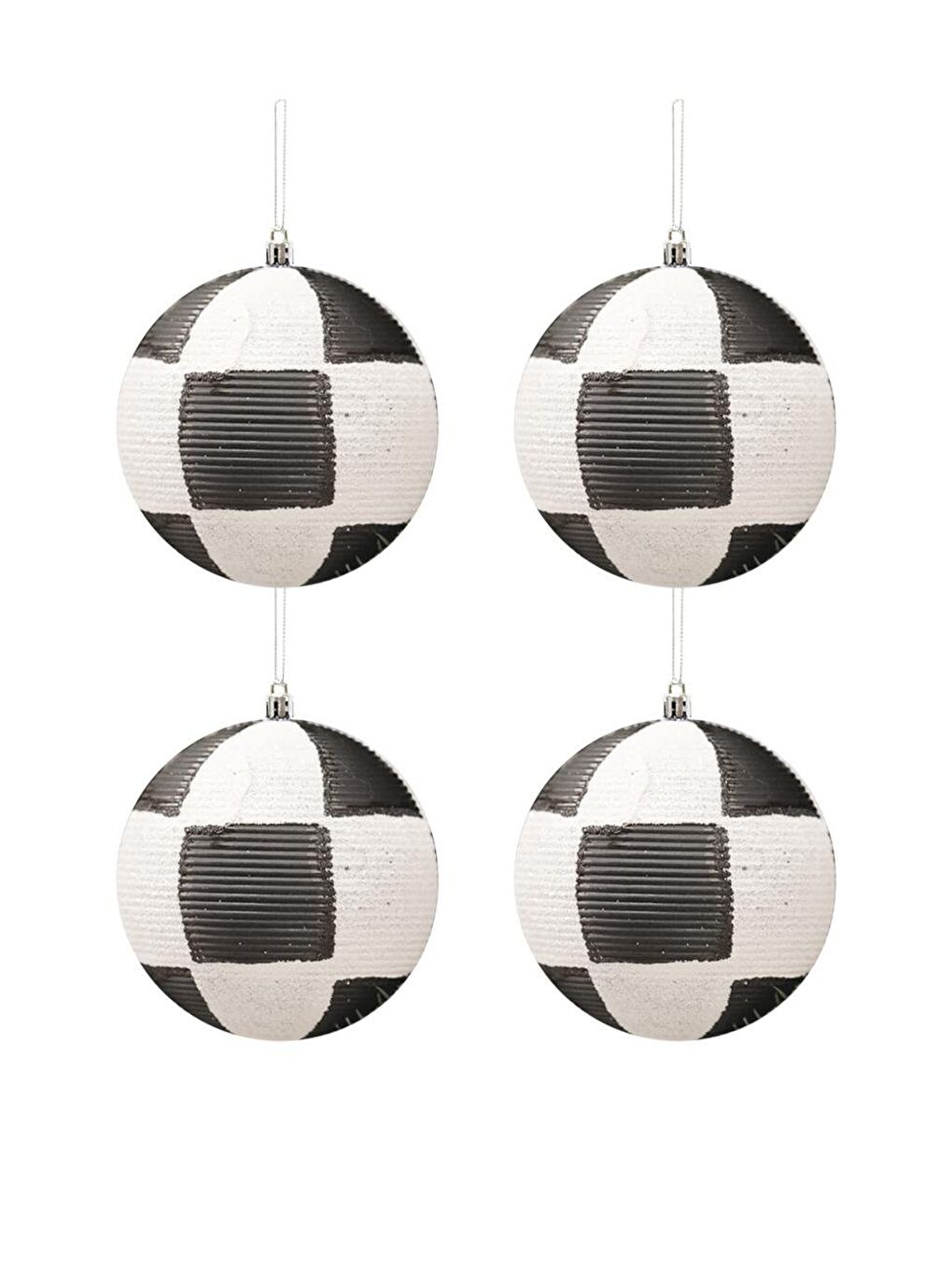 Yılbaşı Topu Dama Desenli Dekoratif Çam Ağacı Süsü Siyah Beyaz 8 cm 4'lü Set-1