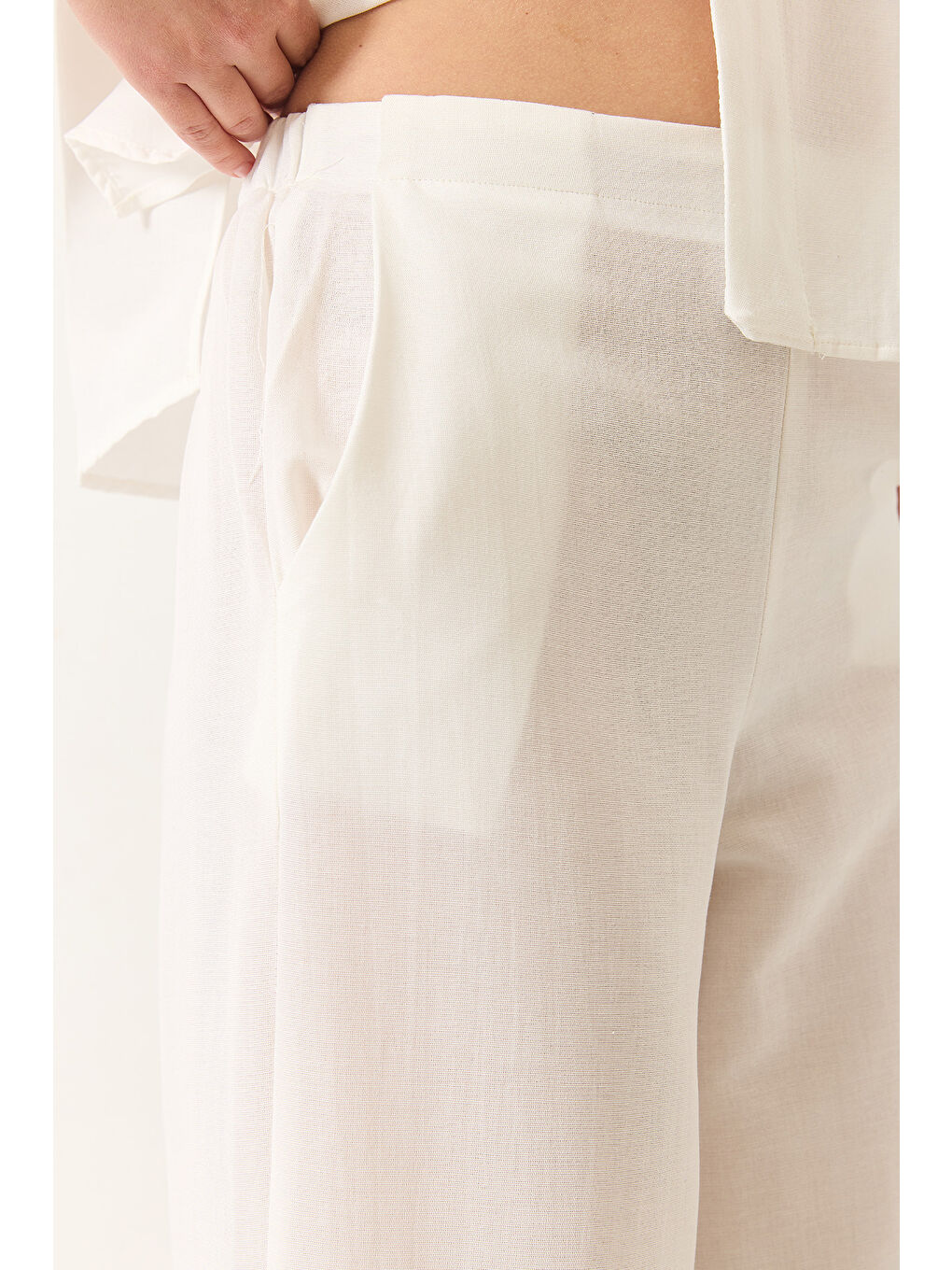 Beyaz Kadın V Yaka Yarasa Kol Keten Kimono Palazzo Pantolonlu Alt-Üst Takım-4