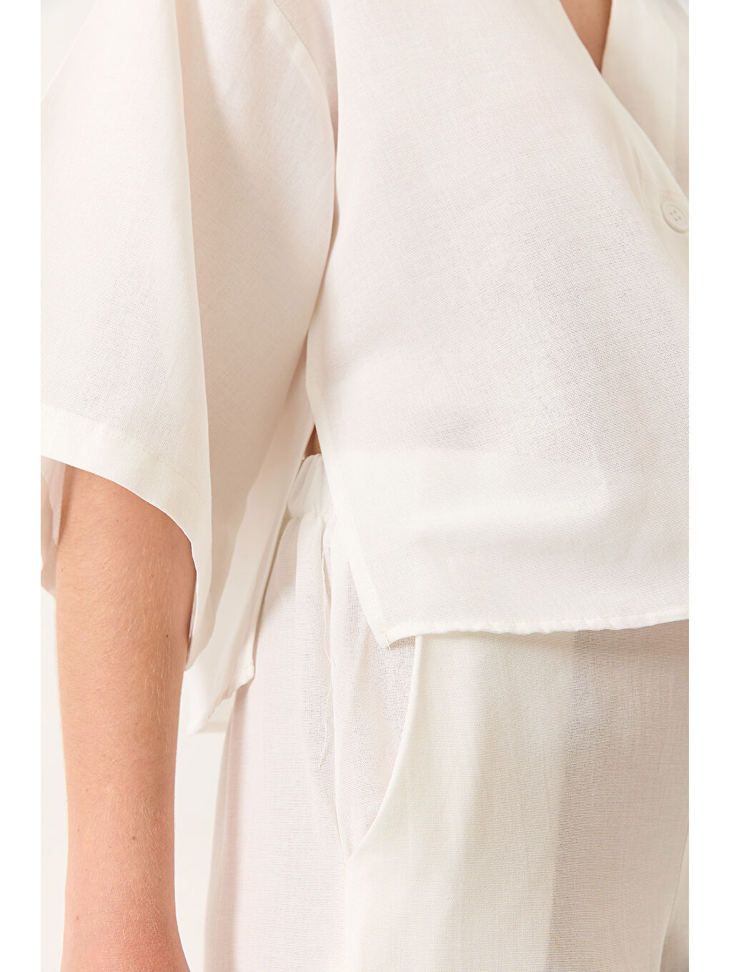 Beyaz Kadın V Yaka Yarasa Kol Keten Kimono Palazzo Pantolonlu Alt-Üst Takım-5