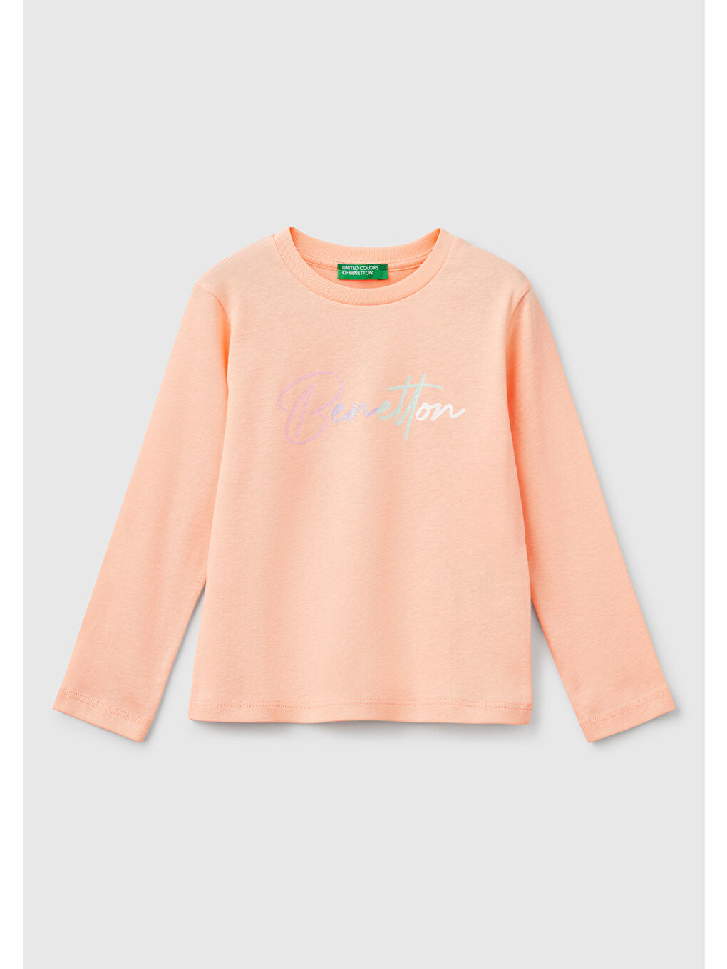 Bej Kız Çocuk Yavruağzı Simli Benetton Logo Baskılı Tişört