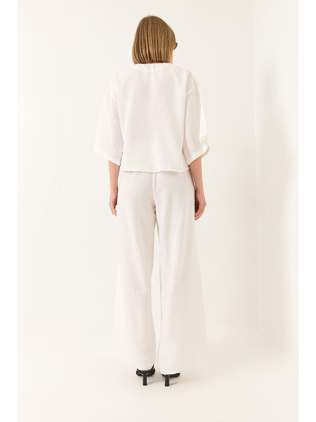 Beyaz Kadın V Yaka Yarasa Kol Keten Kimono Palazzo Pantolonlu Alt-Üst Takım-6