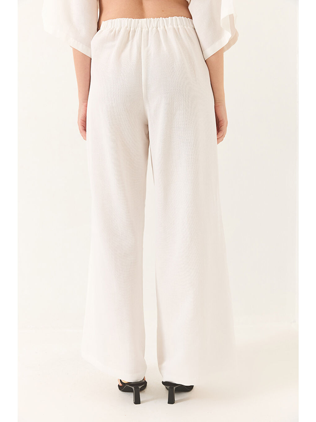 Beyaz Kadın V Yaka Yarasa Kol Keten Kimono Palazzo Pantolonlu Alt-Üst Takım-7