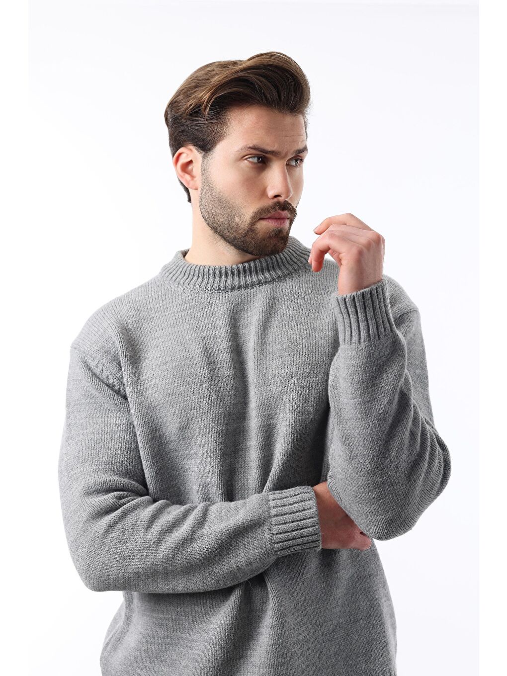 Gri Bisiklet Yaka Overfit Erkek Triko Kazak E7402-8