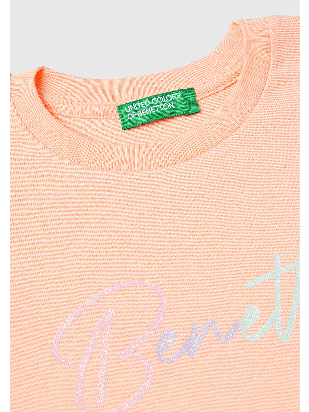 Bej Kız Çocuk Yavruağzı Simli Benetton Logo Baskılı Tişört-2