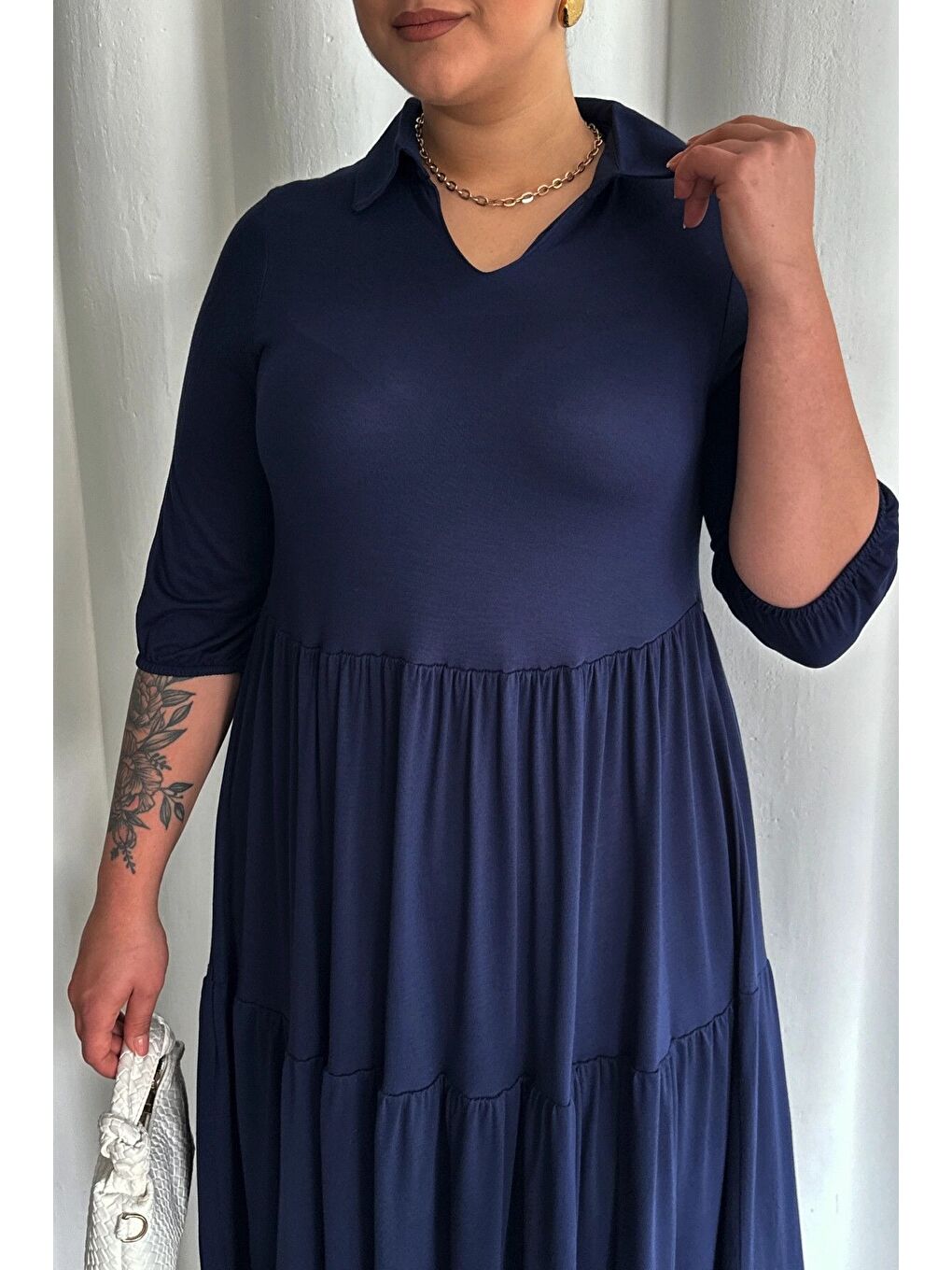Lacivert Büyük Beden V Yaka Yarım Kollu Beli Lastikli Uzun Elbise T44-6