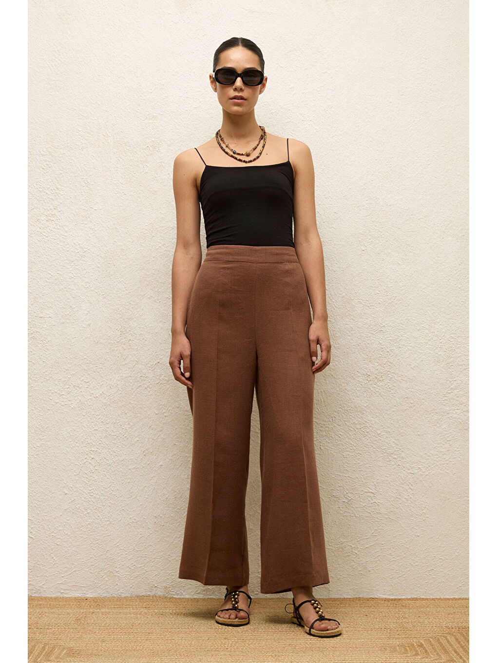 Kahverengi ÜTÜ İZLİ KETEN PANTOLON KAHVERENGİ-3