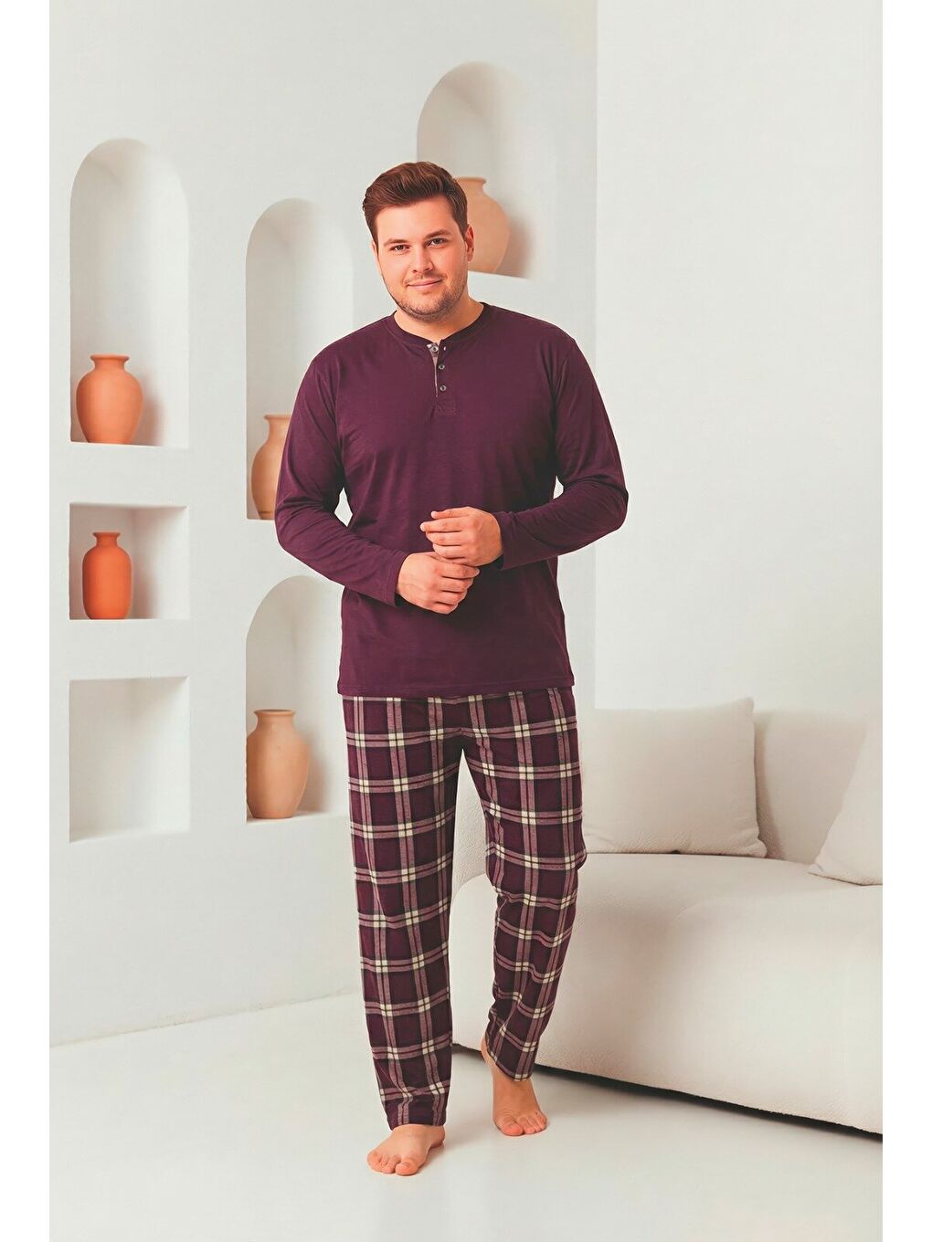 Mürdüm Erkek %100 Doğal Pamuk Ekoseli Uzun Kollu Düğmeli Yüksek Kaliteli Battal Pijama Takımı-1