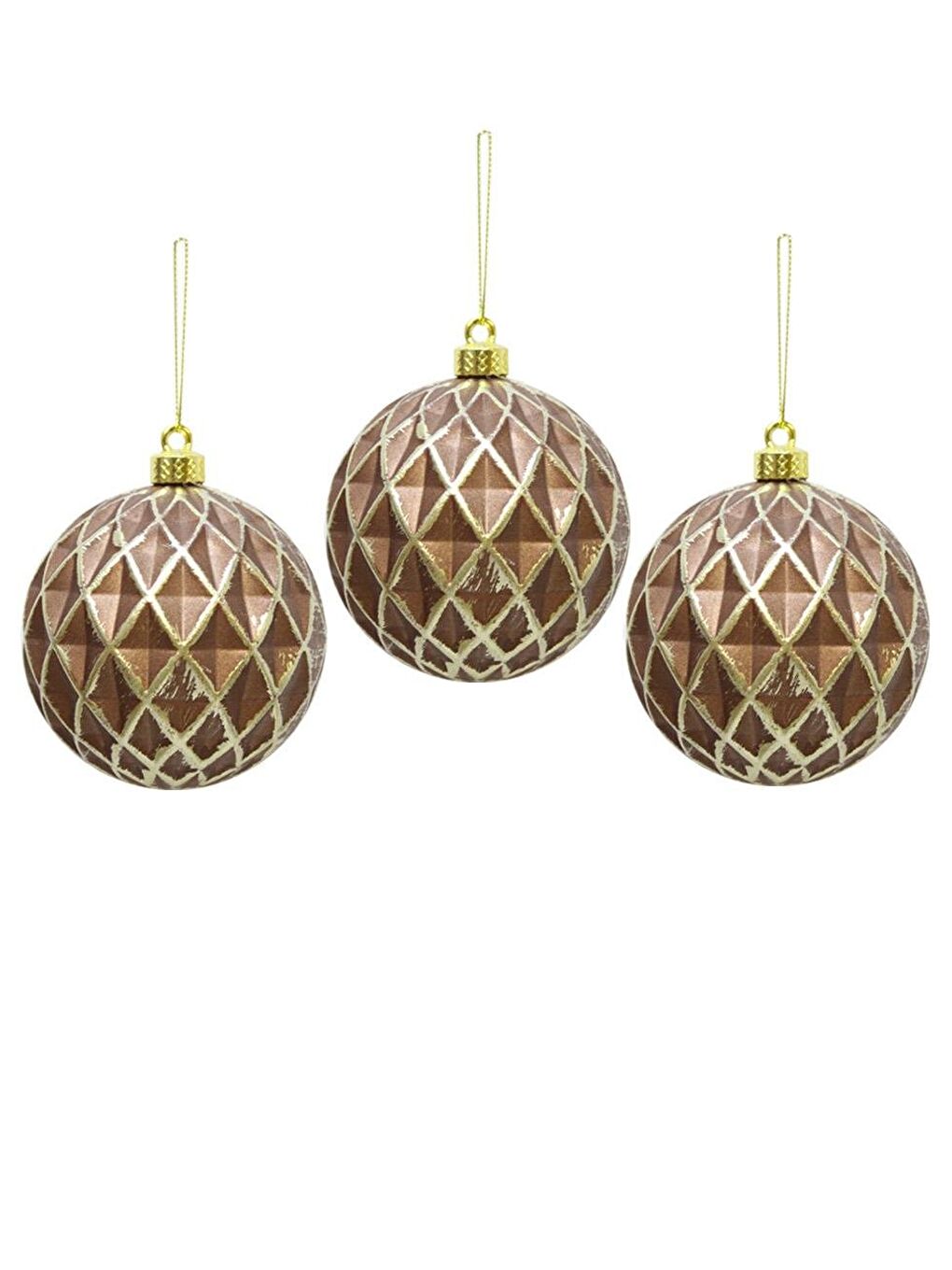 Turuncu Yılbaşı Topu Altın Eskitme Detaylı Geometrik Form Çam Ağacı Süsü Bakır 8 cm 3'lü-1