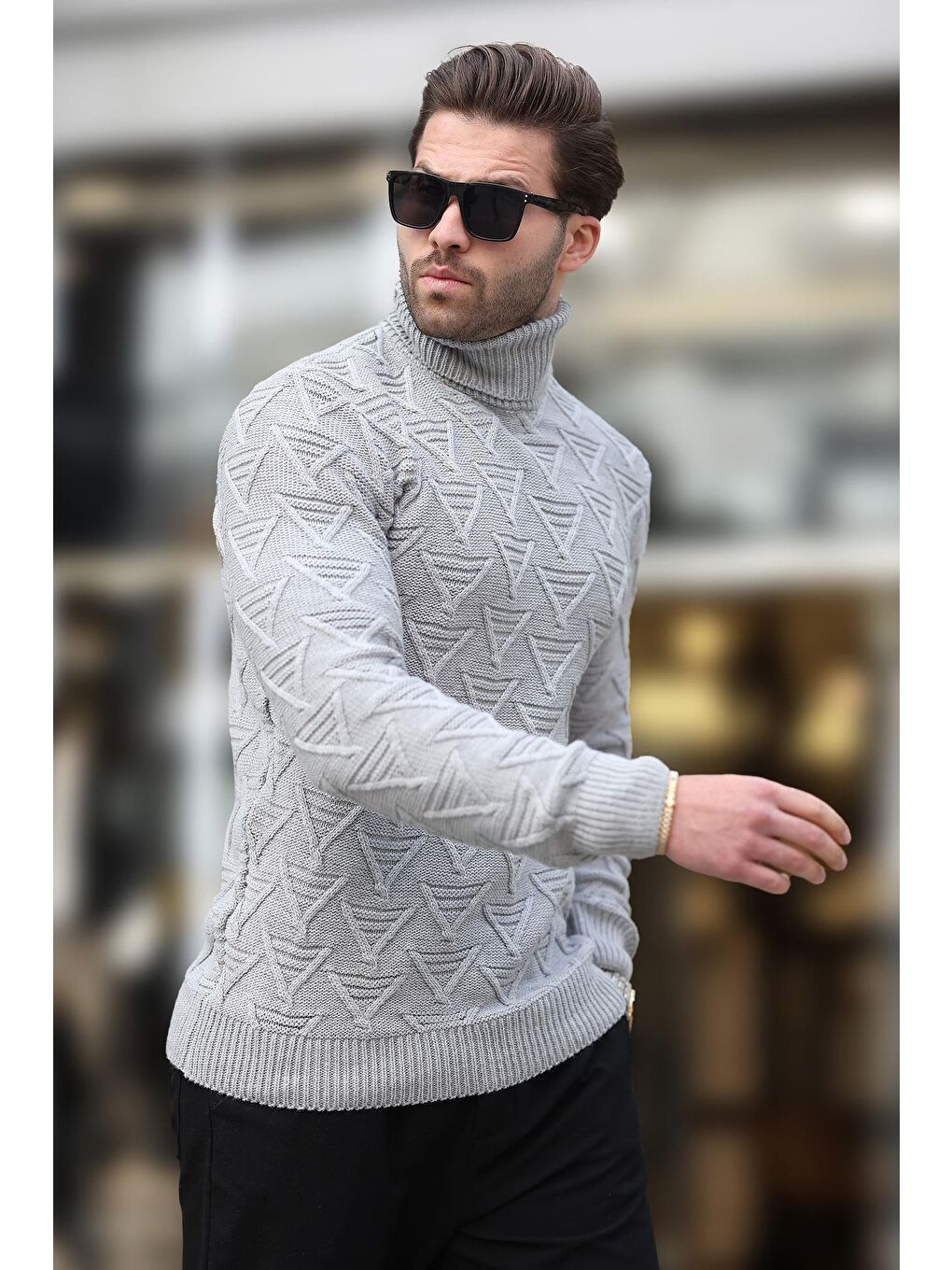 Gri Balıkçı Yaka Desenli Erkek Kazak E7292